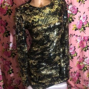 Black gold sequin metallic long sleeve mini dress